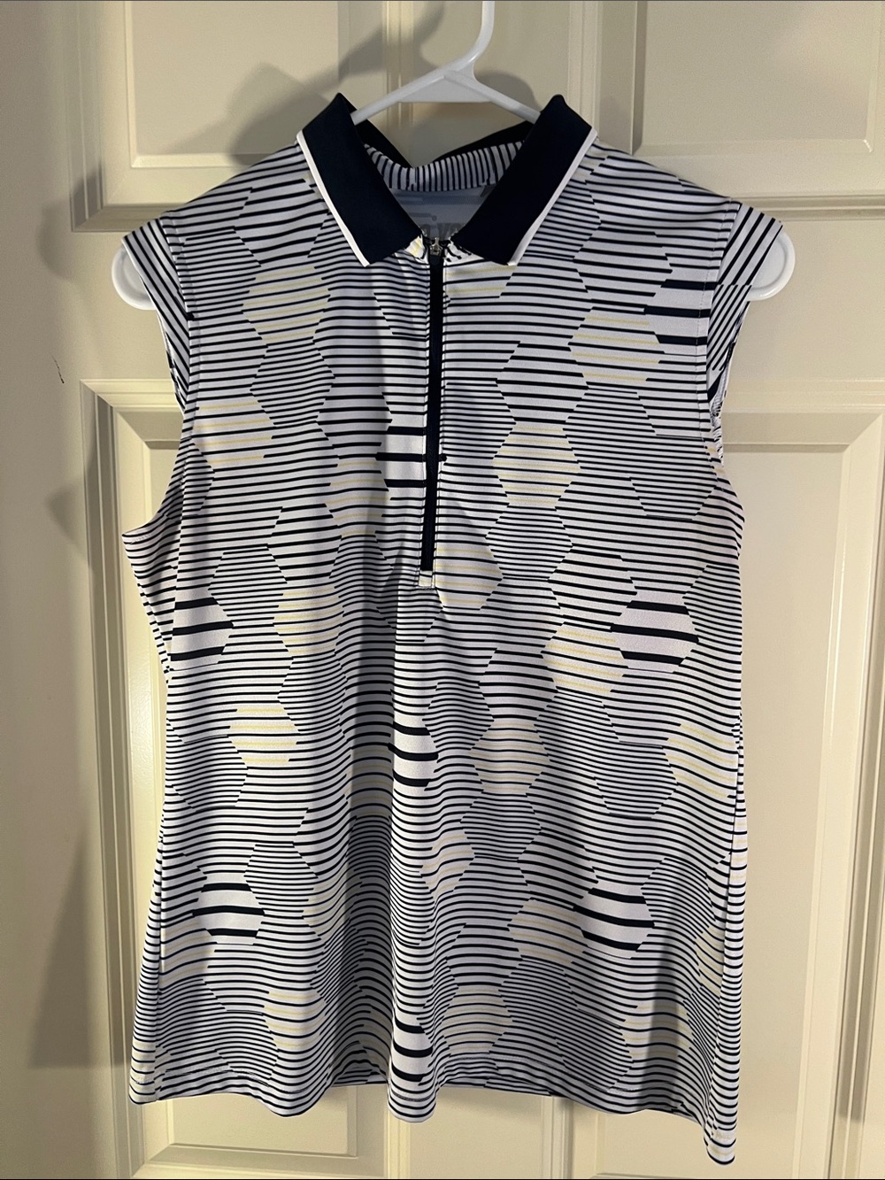 Sleeveless Navy and White Zip-Front Striped Tank